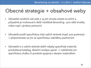 Remarketing od základů | 4.2.2014 | Jindřich Fáborský

Obecné strategie + obsahové weby
• Uživatelé navštívili váš web a v...