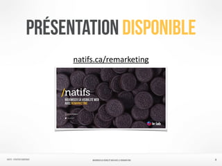 Présentation Disponible
natifs.ca/remarketing
3NATIFS - Stratégie numérique MAXIMISER SA VISIBILITÉ WEB AVEC le REMARKETING
 