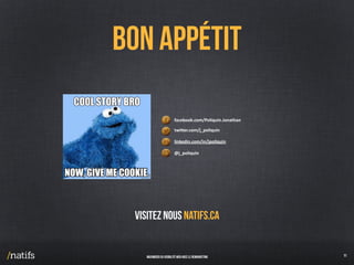 MAXIMISER SA VISIBILITÉ WEB AVEC le REMARKETING 36
Bon Appétit
VISITEZ NOus NATIFS.CA
facebook.com/Poliquin.Jonathan	
  
twi6er.com/j_poliquin	
  
linkedin.com/in/jpoliquin	
  
@j_poliquin
41
 