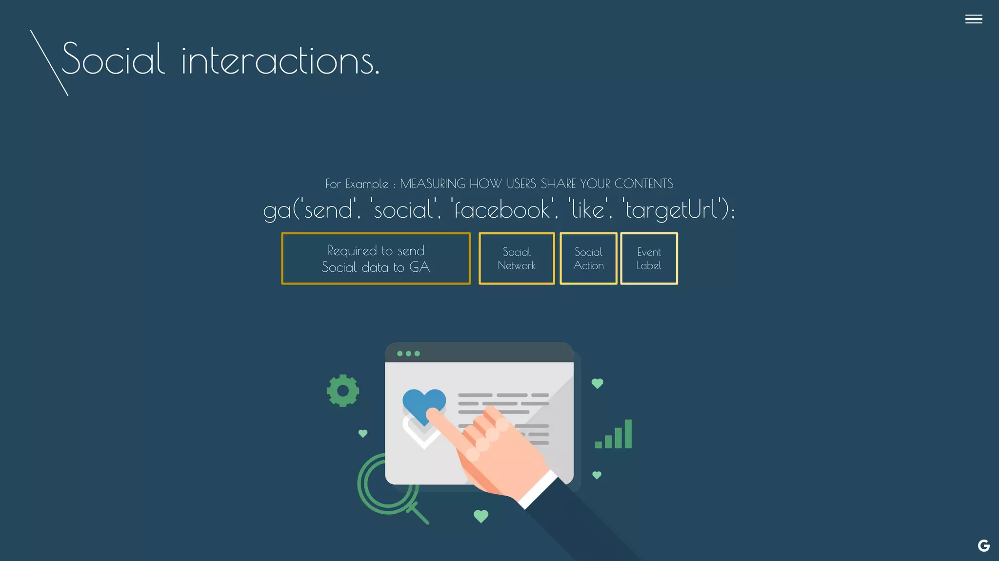 Social interactions.
For Example : MEASURING HOW USERS SHARE YOUR CONTENTS
ga('send', 'social', 'facebook', 'like', 'targetUrl');
Required to send
Social data to GA
Social
Network
Social
Action
Event
Label
--
 