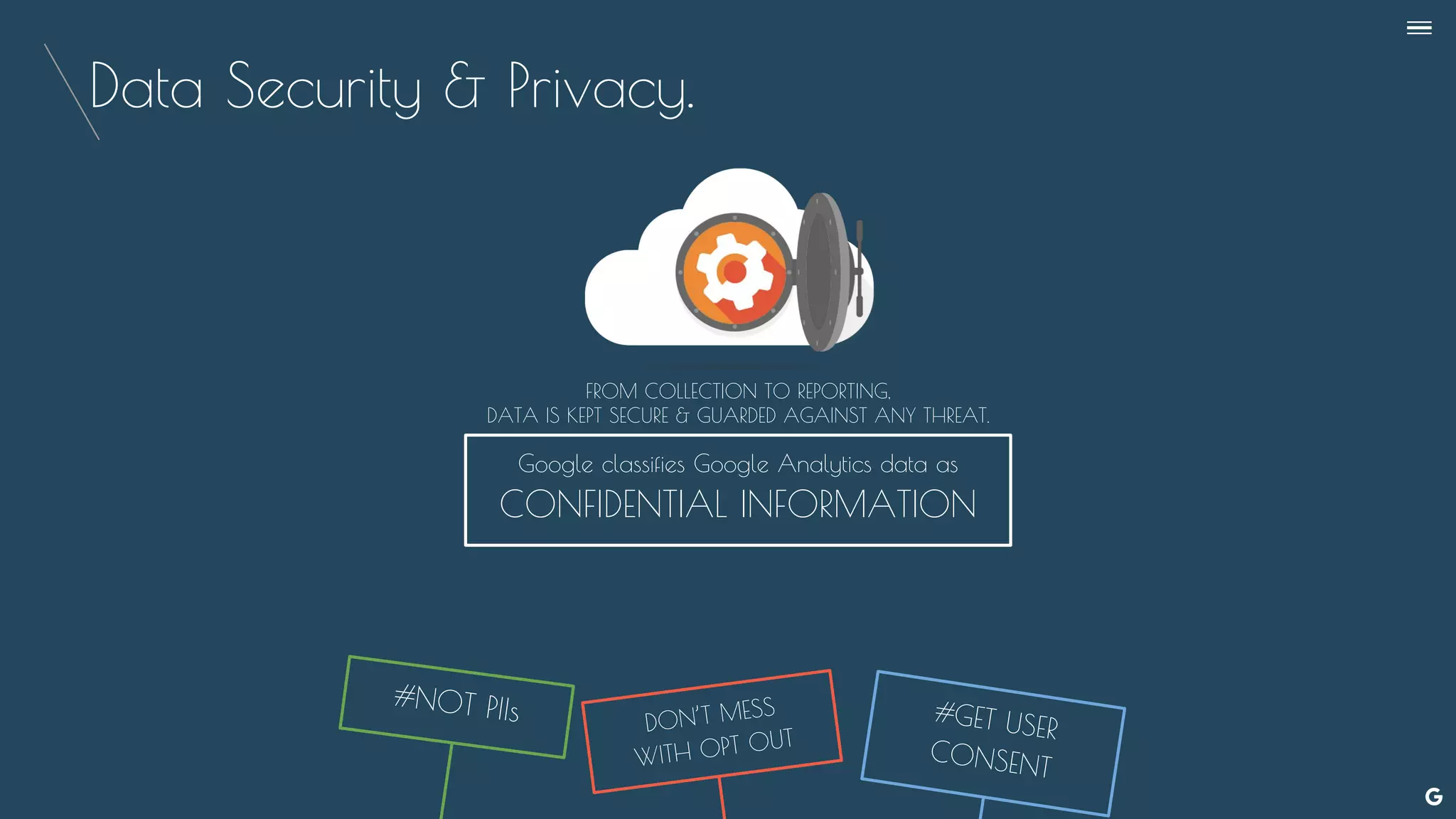 Data Security & Privacy.
Google classifies Google Analytics data as
CONFIDENTIAL INFORMATION
#NOT PIIs DON’T MESS
WITH OPT OUT
FROM COLLECTION TO REPORTING,
DATA IS KEPT SECURE & GUARDED AGAINST ANY THREAT.
#GET USER
CONSENT
--
 