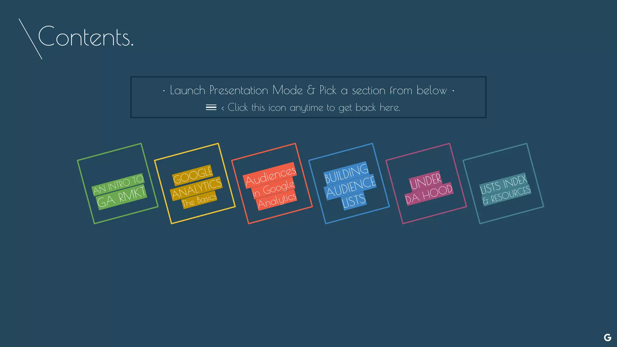 Contents.
• Launch Presentation Mode & Pick a section from below •
AN INTRO TO
GA RMKT
GOOGLE
ANALYTICS
The Basics
Audiences
in Google
Analytics
BUILDING
AUDIENCE
LISTS
UNDER
DA HOOD
‹ Click this icon anytime to get back here.
LISTS INDEX
& RESOURCES
 