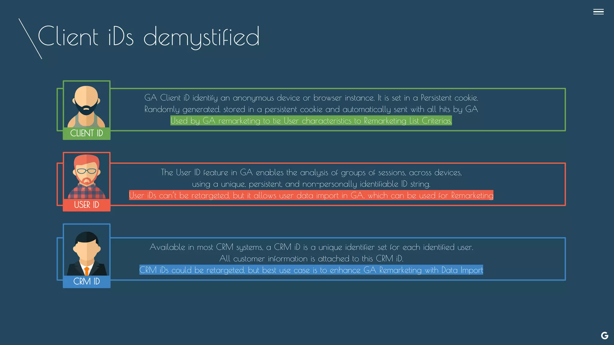 Client iDs demystified
GA Client iD identify an anonymous device or browser instance. It is set in a Persistent cookie.
Randomly generated, stored in a persistent cookie and automatically sent with all hits by GA
Used by GA remarketing to tie User characteristics to Remarketing List Criterias.
The User ID feature in GA enables the analysis of groups of sessions, across devices,
using a unique, persistent, and non-personally identifiable ID string.
User iDs can’t be retargeted, but it allows user data import in GA, which can be used for Remarketing
Available in most CRM systems, a CRM iD is a unique identifier set for each identified user.
All customer information is attached to this CRM iD.
CRM iDs could be retargeted, but best use case is to enhance GA Remarketing with Data Import
USER ID
CLIENT ID
CRM ID
--
 