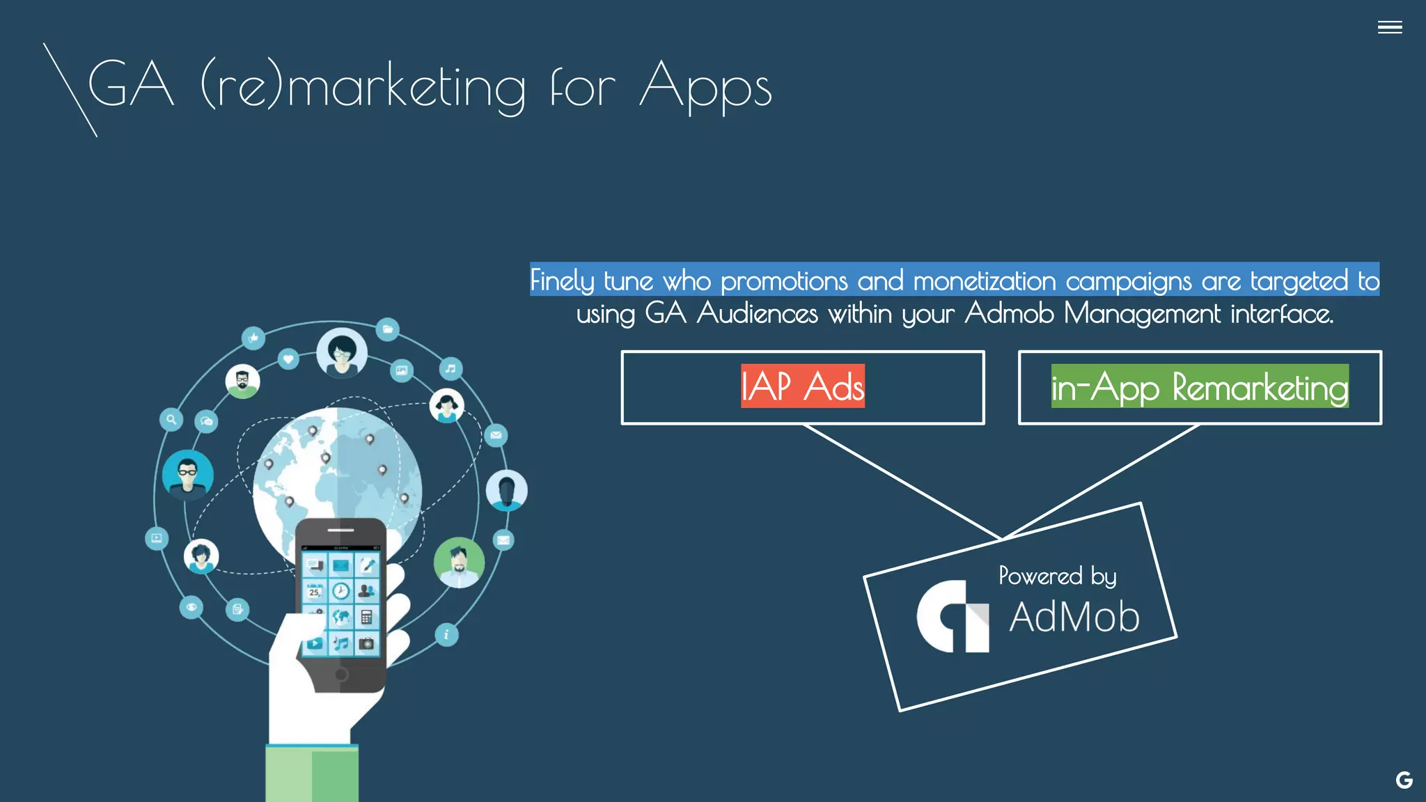 GA (re)marketing for Apps
Finely tune who promotions and monetization campaigns are targeted to
using GA Audiences within your Admob Management interface.
IAP Ads in-App Remarketing
Powered by
--
 