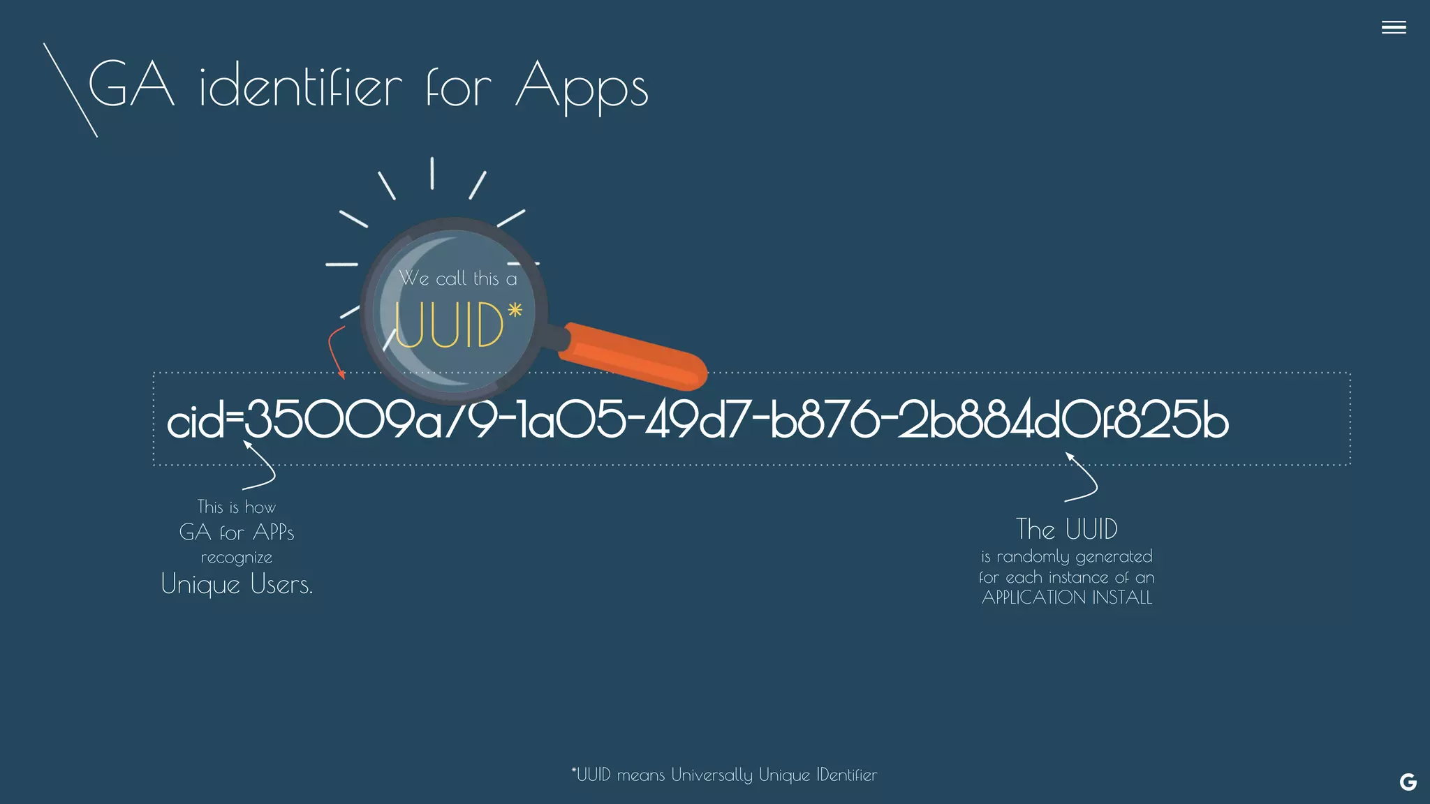 GA identifier for Apps
*UUID means Universally Unique IDentifier
cid=35009a79-1a05-49d7-b876-2b884d0f825b
We call this a
UUID*
This is how
GA for APPs
recognize
Unique Users.
The UUID
is randomly generated
for each instance of an
APPLICATION INSTALL
--
 