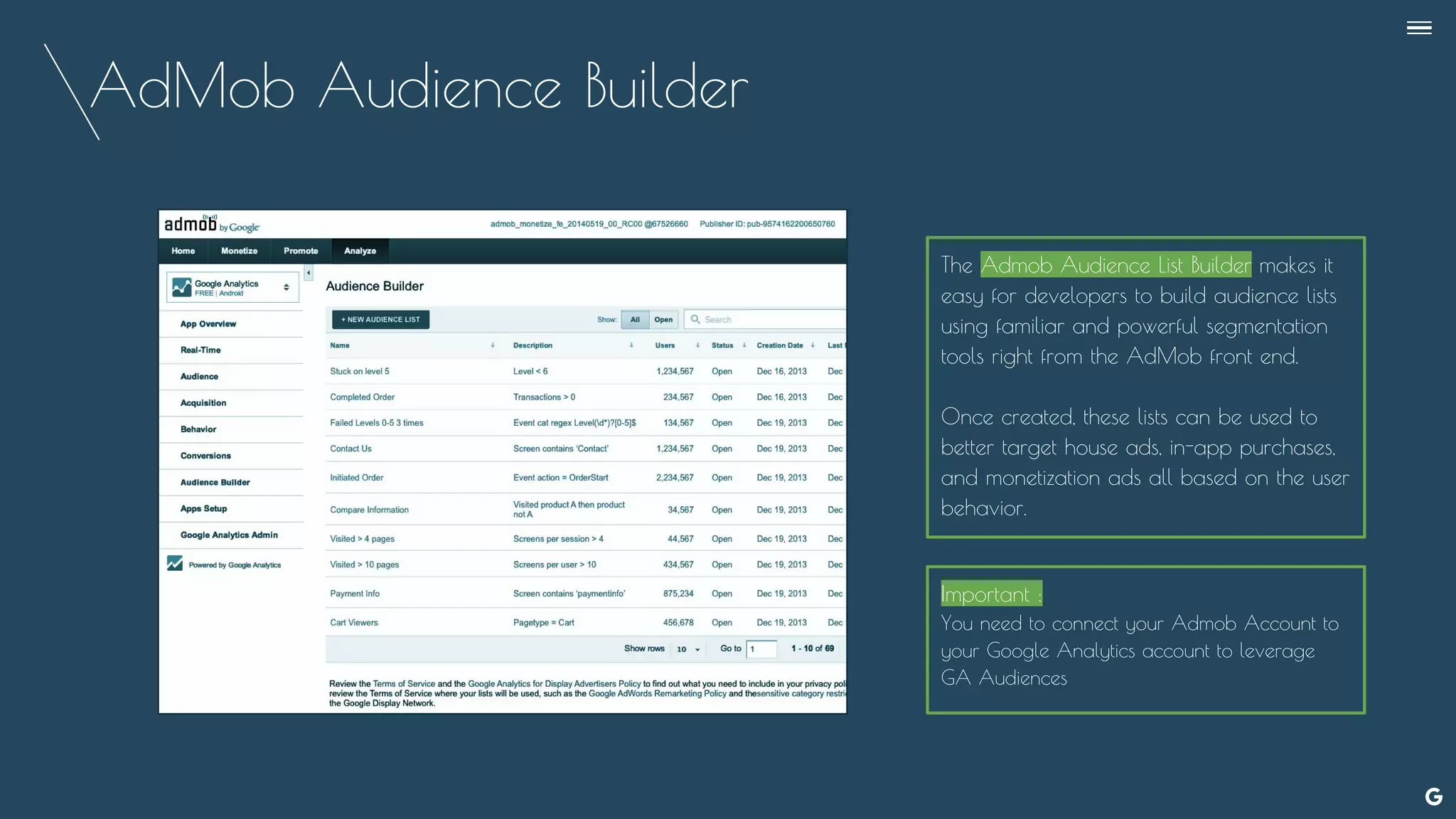 AdMob Audience Builder
The Admob Audience List Builder makes it
easy for developers to build audience lists
using familiar and powerful segmentation
tools right from the AdMob front end.
Once created, these lists can be used to
better target house ads, in-app purchases,
and monetization ads all based on the user
behavior.
--
Important :
You need to connect your Admob Account to
your Google Analytics account to leverage
GA Audiences
 