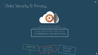 Data Security & Privacy.
Google classifies Google Analytics data as
CONFIDENTIAL INFORMATION
#NOT PIIs DON’T MESS
WITH OPT OUT
FROM COLLECTION TO REPORTING,
DATA IS KEPT SECURE & GUARDED AGAINST ANY THREAT.
#GET USER
CONSENT
--
 