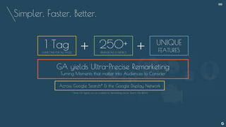 Simpler, Faster, Better.
1 TagSAME ONE FOR ALL PAGES
250+DIMENSIONS & METRICS
UNIQUE
FEATURES
GA yields Ultra-Precise Remarketing
Turning Moments that matter into Audiences to Consider
+ +
Across Google Search* & the Google Display Network
* Some GA Signals are not available for Remarketing Lists for Search Ads (RLSA)
--
 