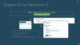 Prepare GA for Data Import (1)
--
STEP 4 : Prepare GA to receive your Data
4.1 : Creating a Data Set
• Go in Admin > Property > Data Import
• Click the [New Data Set] Button
• Choose [User Data]
• Name your Data set & select the relevant GA view
 
