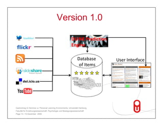 Version 1.0

                                                             DUINE Prediction 
                                                             DUINE Prediction
                                                             Engine 

                                                                    Database      User Interface
                                                                     of Items




Gastvortrag im Seminar zu 'Personal Learning Environments‚ Universität Hamburg,
Fakultät für Erziehungswissenschaft, Psychologie und Bewegungswissenschaft
Page 14 | 15.Dezember 2009
 