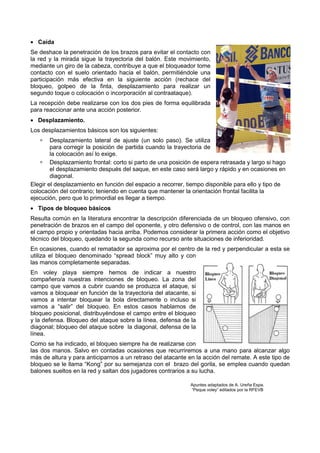 • Caída
Se deshace la penetración de los brazos para evitar el contacto con
la red y la mirada sigue la trayectoria del balón. Este movimiento,
mediante un giro de la cabeza, contribuye a que el bloqueador tome
contacto con el suelo orientado hacia el balón, permitiéndole una
participación más efectiva en la siguiente acción (rechace del
bloqueo, golpeo de la finta, desplazamiento para realizar un
segundo toque o colocación o incorporación al contraataque).
La recepción debe realizarse con los dos pies de forma equilibrada
para reaccionar ante una acción posterior.
• Desplazamiento.
Los desplazamientos básicos son los siguientes:
        Desplazamiento lateral de ajuste (un solo paso). Se utiliza
        para corregir la posición de partida cuando la trayectoria de
        la colocación así lo exige.
        Desplazamiento frontal: corto si parto de una posición de espera retrasada y largo si hago
        el desplazamiento después del saque, en este caso será largo y rápido y en ocasiones en
        diagonal.
Elegir el desplazamiento en función del espacio a recorrer, tiempo disponible para ello y tipo de
colocación del contrario; teniendo en cuenta que mantener la orientación frontal facilita la
ejecución, pero que lo primordial es llegar a tiempo.
• Tipos de bloqueo básicos
Resulta común en la literatura encontrar la descripción diferenciada de un bloqueo ofensivo, con
penetración de brazos en el campo del oponente, y otro defensivo o de control, con las manos en
el campo propio y orientadas hacia arriba. Podemos considerar la primera acción como el objetivo
técnico del bloqueo, quedando la segunda como recurso ante situaciones de inferioridad.
En ocasiones, cuando el rematador se aproxima por el centro de la red y perpendicular a esta se
utiliza el bloqueo denominado “spread block” muy alto y con
las manos completamente separadas.
En voley playa siempre hemos de indicar a nuestro
compañero/a nuestras intenciones de bloqueo. La zona del
campo que vamos a cubrir cuando se produzca el ataque, si
vamos a bloquear en función de la trayectoria del atacante, si
vamos a intentar bloquear la bola directamente o incluso si
vamos a “salir” del bloqueo. En estos casos hablamos de
bloqueo posicional, distribuyéndose el campo entre el bloqueo
y la defensa. Bloqueo del ataque sobre la línea, defensa de la
diagonal; bloqueo del ataque sobre la diagonal, defensa de la
línea.
Como se ha indicado, el bloqueo siempre ha de realizarse con
las dos manos. Salvo en contadas ocasiones que recurriremos a una mano para alcanzar algo
más de altura y para anticiparnos a un retraso del atacante en la acción del remate. A este tipo de
bloqueo se le llama “Kong” por su semejanza con el brazo del gorila, se emplea cuando quedan
balones sueltos en la red y saltan dos jugadores contrarios a su lucha.

                                                             Apuntes adaptados de A. Ureña Espa.
                                                             “Peque voley” editados por la RFEVB
 