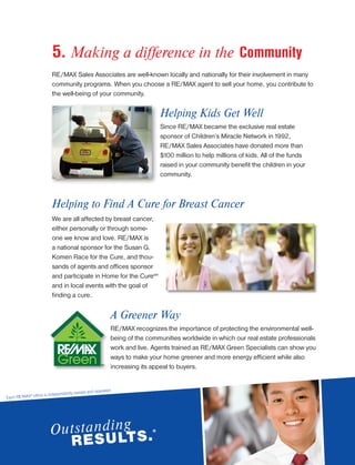 5. Making a difference in the Community
RE/MAX Sales Associates are well-known locally and nationally for their involvement in many
community programs. When you choose a RE/MAX agent to sell your home, you contribute to
the well-being of your community.
Helping Kids Get Well
Since RE/MAX became the exclusive real estate
sponsor of Children’s Miracle Network in 1992,
RE/MAX Sales Associates have donated more than
$100 million to help millions of kids. All of the funds
raised in your community benefit the children in your
community.
Helping to Find A Cure for Breast Cancer
We are all affected by breast cancer,
either personally or through some-
one we know and love. RE/MAX is
a national sponsor for the Susan G.
Komen Race for the Cure, and thou-
sands of agents and offices sponsor
and participate in Home for the Curesm
and in local events with the goal of
finding a cure.
A Greener Way
RE/MAX recognizes the importance of protecting the environmental well-
being of the communities worldwide in which our real estate professionals
work and live. Agents trained as RE/MAX Green Specialists can show you
ways to make your home greener and more energy efficient while also
increasing its appeal to buyers.
Each RE/MAX® office is independently owned and operated.
 