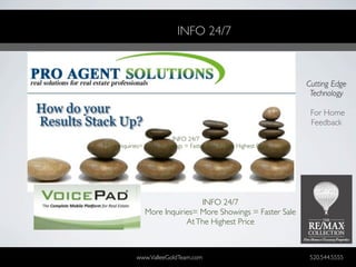 INFO 24/7



                                                                   Cutting Edge
                                                                    Technology

                                                                    For Home
                                                                    Feedback
                         INFO 24/7
More Inquiries= More Showings = Faster Sale At The Highest Price




                                INFO 24/7
                More Inquiries= More Showings = Faster Sale
                            At The Highest Price



            www.ValleeGoldTeam.com                                  520.544.5555
 
