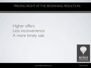 PRICING RIGHT AT THE BEGINNING RESULTS IN:




Higher offers
Less inconvenience
A more timely sale




             www.ValleeGoldTeam.com      520.544.5555
 