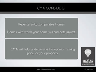 CMA CONSIDERS



       Recently Sold, Comparable Homes

Homes with which your home will compete against.




  CMA will help us determine the optimum asking
             price for your property.



                    www.ValleeGoldTeam.com         520.544.5555
 