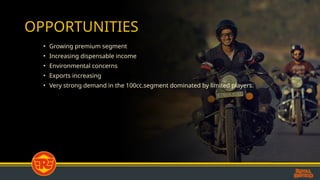 OPPORTUNITIES
• Growing premium segment
• Increasing dispensable income
• Environmental concerns
• Exports increasing
• Very strong demand in the 100cc.segment dominated by limited players.
 