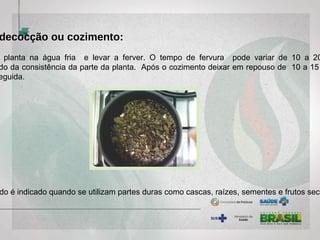 decocção ou cozimento:
planta na água fria e levar a ferver. O tempo de fervura pode variar de 10 a 20
do da consistência da parte da planta. Após o cozimento deixar em repouso de 10 a 15
eguida.
do é indicado quando se utilizam partes duras como cascas, raízes, sementes e frutos seco
 