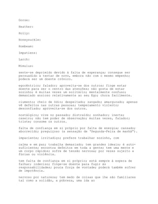 Gorse:

Heather:

Holly:

Honeysuckle:

Hombeam:

Impatiens:

Larch:

Mimulus:

sente-se deprimido devido à falta de esperança; consegue ser
persuadido a tentar de novo, embora não com o mesmo empenho;
poderá ser um doente crónico.

egocêntrico; falador; aproveita-se dos outros; finge estar
doente para ser o centro das atenções; não gosta de estar
sozinho; é muitas vezes um solitário; mentalmente confuso;
demasiado ansioso relativamente ao seu Ego; chora facilmente.

ciumento; cheio de ódio; despeitado; zangado; amargurado; apenas
vê defeitos nas outras pessoas; temperamento violento;
desconfiado; aproveita-se dos outros.

nostálgico; vive no passado; distraído; sonhador; inerte;
caseiro; não tem poder de observação; muitas vezes, falador;
triste; consome os outros.

falta de confiança em si próprio por falta de energia; cansado;
aborrecido; preguiçoso (a sensação de ‘Segunda-Feira de manhã”).

impaciente; irritadiço; prefere trabalhar sozinho, com

calma e em paz; trabalha demasiado; tem grandes ideais; é auto-
suficiente; encontra defeitos em toda a gente; tem uma mente e
um corpo rápidos; sofre de tensão nervosa; por vezes sujeito a
fúrias ou violência.

tem falta de confiança em si próprio; está sempre à espera de
falhar; indeciso; finge-se doente para fugir às
responsabilidades; pouca força de vontade; poderá também sofrer
de impotência.

nervoso por natureza; tem medo de coisas que lhe são familiares
tal como a solidão, a pobreza, uma ida ao
 