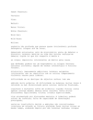 Sweet Chestnut:

Vervain:

Vine:

WaInut:

Water Violet:

Wihte Chestnut:

Wild Oat:

Wild Rose:

Willow:

angústia tão profunda que parece quase intolerável; profundo
desespero; incapaz até de rezar.

demasiado entusiasta; zelo de missionário; gosta de debater e
discutir; teimoso; mete-se na vida dos outros; esforça-se
demais; rígido no que diz respeito à mente e

ao corpo; impulsivo; intolerante; um mártir pela causa

que defende; poderá ter um esgotamento ou colapso nervoso;
natureza irritável; rápido em termos intelectuais e físicos;
falador.

ditatorial; imensamente ambicioso; teimoso; exigente;
intolerante; não se identifica com os outros; temperamento
violento; nasceu para liderar.

dificuldade em se desligar de objectos velhos; tem uma

ambição muito própria; vê dificuldade na mudança; muitas vezes é
retraído ou mal direccionado pelos outros; sente-se frustrado.

orgulhoso e distante; sofre em silêncio; rigidez física; conta
apenas consigo mesmo; deseja estar sozinho; tenta evitar
discussões; equilibrado; triste; irradia superioridade.

vive atormentado por discussões mentais; é indeciso; poderá
sofrer de insônias; falta de capacidade de observação;
preocupado.

sente-se insatisfeito devido a ambições não concretizadas;
incerteza em relação ao futuro; pretende fazer muitas coisas ao
mesmo tempo, acabando depois por não terminar nenhuma; incapaz
 