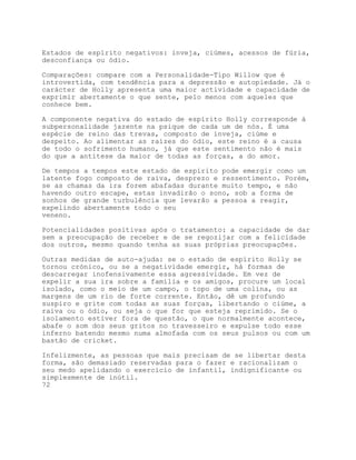 Estados de espírito negativos: inveja, ciúmes, acessos de fúria,
desconfiança ou ódio.

Comparações: compare com a Personalidade-Tipo Willow que é
introvertida, com tendência para a depressão e autopiedade. Já o
carácter de Holly apresenta uma maior actividade e capacidade de
exprimir abertamente o que sente, pelo menos com aqueles que
conhece bem.

A componente negativa do estado de espírito Holly corresponde à
subpersonalidade jazente na psique de cada um de nós. É uma
espécie de reino das trevas, composto de inveja, ciúme e
despeito. Ao alimentar as raízes do ódio, este reino é a causa
de todo o sofrimento humano, já que este sentimento não é mais
do que a antítese da maior de todas as forças, a do amor.

De tempos a tempos este estado de espírito pode emergir como um
latente fogo composto de raiva, desprezo e ressentimento. Porém,
se as chamas da ira forem abafadas durante muito tempo, e não
havendo outro escape, estas invadirão o sono, sob a forma de
sonhos de grande turbulência que levarão a pessoa a reagir,
expelindo abertamente todo o seu
veneno.

Potencialidades positivas após o tratamento: a capacidade de dar
sem a preocupação de receber e de se regozijar com a felicidade
dos outros, mesmo quando tenha as suas próprias preocupações.

Outras medidas de auto-ajuda: se o estado de espírito Holly se
tornou crónico, ou se a negatividade emergir, há formas de
descarregar inofensivamente essa agressividade. Em vez de
expelir a sua ira sobre a família e os amigos, procure um local
isolado, como o meio de um campo, o topo de uma colina, ou as
margens de um rio de forte corrente. Então, dê um profundo
suspiro e grite com todas as suas forças, libertando o ciúme, a
raiva ou o ódio, ou seja o que for que esteja reprimido. Se o
isolamento estiver fora de questão, o que normalmente acontece,
abafe o som dos seus gritos no travesseiro e expulse todo esse
inferno batendo mesmo numa almofada com os seus pulsos ou com um
bastão de cricket.

Infelizmente, as pessoas que mais precisam de se libertar desta
forma, são demasiado reservadas para o fazer e racionalizam o
seu medo apelidando o exercício de infantil, indignificante ou
simplesmente de inútil.
72
 