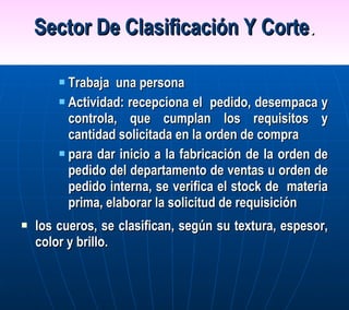 Sector De Clasificación Y Corte . Trabaja  una persona Actividad: recepciona el  pedido, desempaca y controla, que cumplan los requisitos y cantidad solicitada en la orden de compra para dar inicio a la fabricación de la orden de pedido del departamento de ventas u orden de pedido interna, se verifica el stock de  materia prima, elaborar la solicitud de requisición  los cueros, se clasifican, según su textura, espesor, color y brillo. 