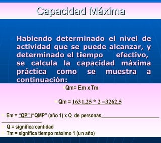 Habiendo determinado el nivel de actividad que se puede alcanzar, y determinado el tiempo  efectivo,  se calcula la capacidad máxima práctica como se muestra a continuación: Capacidad Máxima Qm= Em x Tm Qm =  1631,25 * 2 =3262,5 Em =  “QP” / “QMP” (año 1) x Q  de personas   Q = significa cantidad Tm = significa tiempo máximo 1 (un año) 