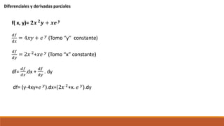 Diferenciales y derivadas parciales
f( x, y)= 𝟐𝒙 𝟐
𝒚 + 𝒙𝒆 𝒚
𝑑𝑓
𝑑𝑥
= 4𝑥𝑦 + 𝑒 𝑦 (Tomo “y” constante)
𝑑𝑓
𝑑𝑦
= 2𝑥 2+𝑥𝑒 𝑦 (Tomo “x” constante)
df=
𝑑𝑓
𝑑𝑥
.dx +
𝑑𝑓
𝑑𝑦
. dy
df= (y-4xy+𝑒 𝑦).dx+(2𝑥 2+x. 𝑒 𝑦).dy
 