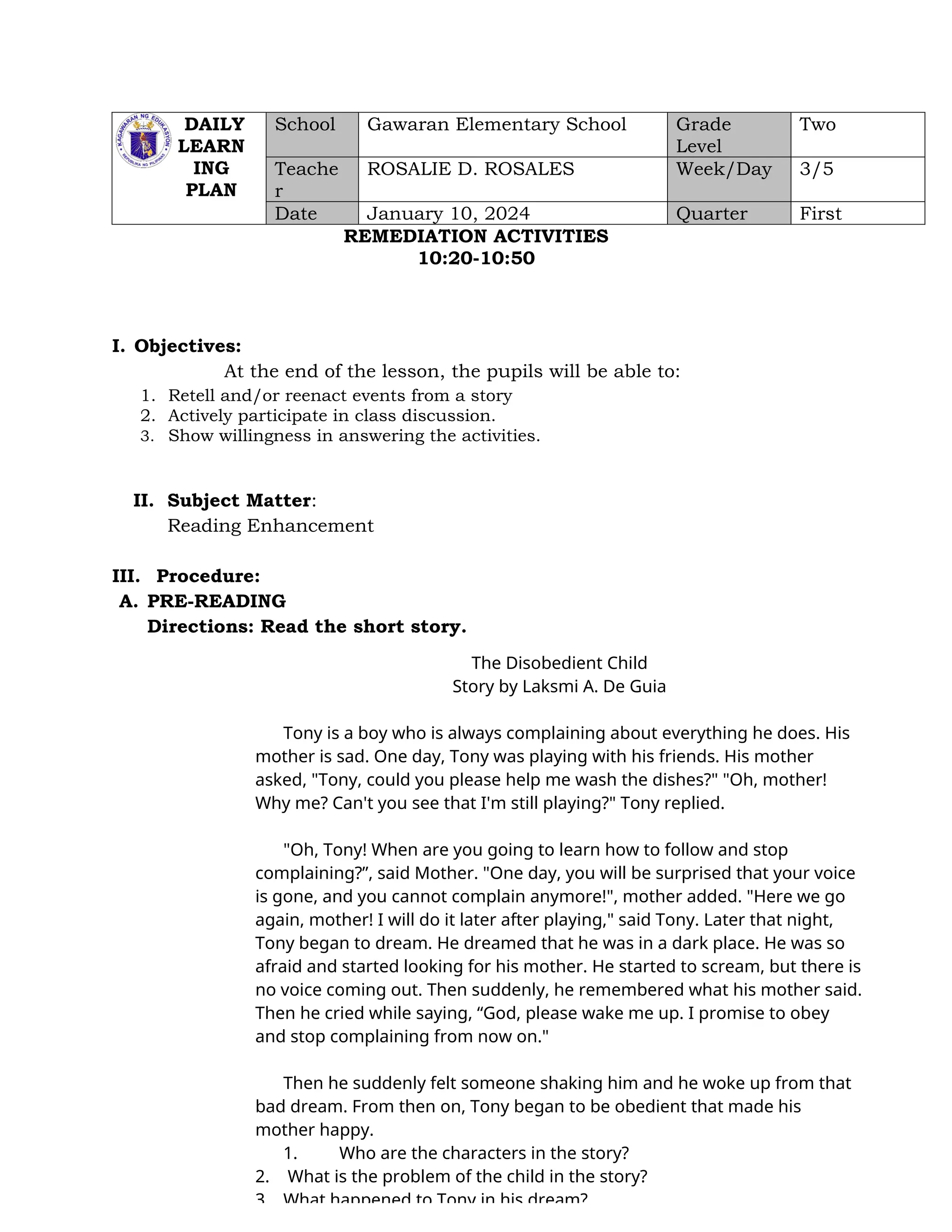 REMEDIAL LESSON ENGLISH 2 RETELLING STORY | DOCX
