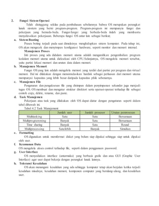 2. Fungsi Sistem Operasi
Telah disinggung sekilas pada pembahasan sebelumnya bahwa OS merupakan perangkat
lunak siostem yang berisi program-program. Program-program ini mempunyia fungsi dan
pekerjaan yang berneda-beda. Fungsi-fungsi yang berbeda-beda itulah yang membantu
menyelesaikan pekerjaaan. Beberapa fungsi OS antar lain sebagai berikut;
a. Sistem Booting
Prases boting terjadi pada saat dimulainya menghidupkan sistem komputer. Pada tahap ini,
OS akan mengecek dan menyimpan konfigurasi hardware, seperti monitor dan memori internal.
Manajemen Proses
Inti proses yang ada didalam memori utama adalah mengarahkan pengembalian program
kedalam memori utama untuk dieksekusi oleh CPU.Selanjutnya, OS mengelola memori tersebut,
yaitu partisi lokasi memori dan urutan data dalam memori.
b. Manajemen Memori
Fungsi OSyang lain adalah mengelola memori yang terdiri dari partisi per program dan virtual
memori. Hal ini dilakukan dengan mensimulasikan hardisk sebagai perluasan dari memori utama
mempunyai kapasitas yang lebih besar daripada kapasitas pfsik sebenarnya.
c. Manajemen File
Pengaturan dan pengaksesan file yang disimpan dalam penyimpanan sekunder juga menjadi
tugas OS. OS membuat dan mengatur struktur direktori serta operasi-operasi terhadap file sebagai
contoh copy, delete, rename, dan paste.
d. Task Manajemen
Pekerjaan atau task yang dilakukan oleh OS dapat diatur dengan pengaturan seperti dalam
tabel dibawah ini.
Tabel 4.2 Task Manajement
Jumlah user Jumlah prosesor Urutan pemrosesan
Multitasking Satu Satu Bersamaan
Multiprogramming Banyak Satu Bersamaan
Time sharing Banyak Satu Round
Multiprocessing Satu/lebih Banyak Simultan
e. Formatting
OS digunakan untuk memformat disket yang belum siap dipakai sehingga siap untuk dipakai
oleh user.
f. Keamanan Data
OS mengelola akses control terhadap file, seperti dalam penggunaan password.
g. User Interface
OS menyediakan interface (antarmuka) yang berbasis grafis dan atau GUI (Graphic User
Interface) agar user dapat bekerja dengan perangkat lunak lainnya.
h. Toleransi Kesalahan
OS akan menangani kesalahan yang ada sehingga komputer tetap akan berjalan ketika terjadi
kesalahan misalnya; kesalahan memori, komponen computer yang berulang-ulang, dan kesalahan
user.
 