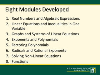 Eight Modules Developed 
1. Real Numbers and Algebraic Expressions 
2. Linear Equations and Inequalities in One 
Variable 
3. Graphs and Systems of Linear Equations 
4. Exponents and Polynomials 
5. Factoring Polynomials 
6. Radicals and Rational Exponents 
7. Solving Non-Linear Equations 
8. Functions 
 