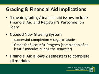 Grading & Financial Aid Implications 
• To avoid grading/financial aid issues include 
Financial Aid and Registrar’s Personnel on 
Team 
• Needed New Grading System 
– Successful Completion = Regular Grade 
– Grade for Successful Progress (completion of at 
least 3 modules during the semester) 
• Financial Aid allows 2 semesters to complete 
all modules 
 
