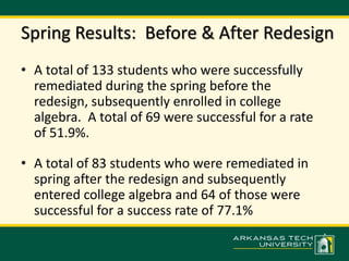Spring Results: Before & After Redesign 
• A total of 133 students who were successfully 
remediated during the spring before the 
redesign, subsequently enrolled in college 
algebra. A total of 69 were successful for a rate 
of 51.9%. 
• A total of 83 students who were remediated in 
spring after the redesign and subsequently 
entered college algebra and 64 of those were 
successful for a success rate of 77.1% 
 