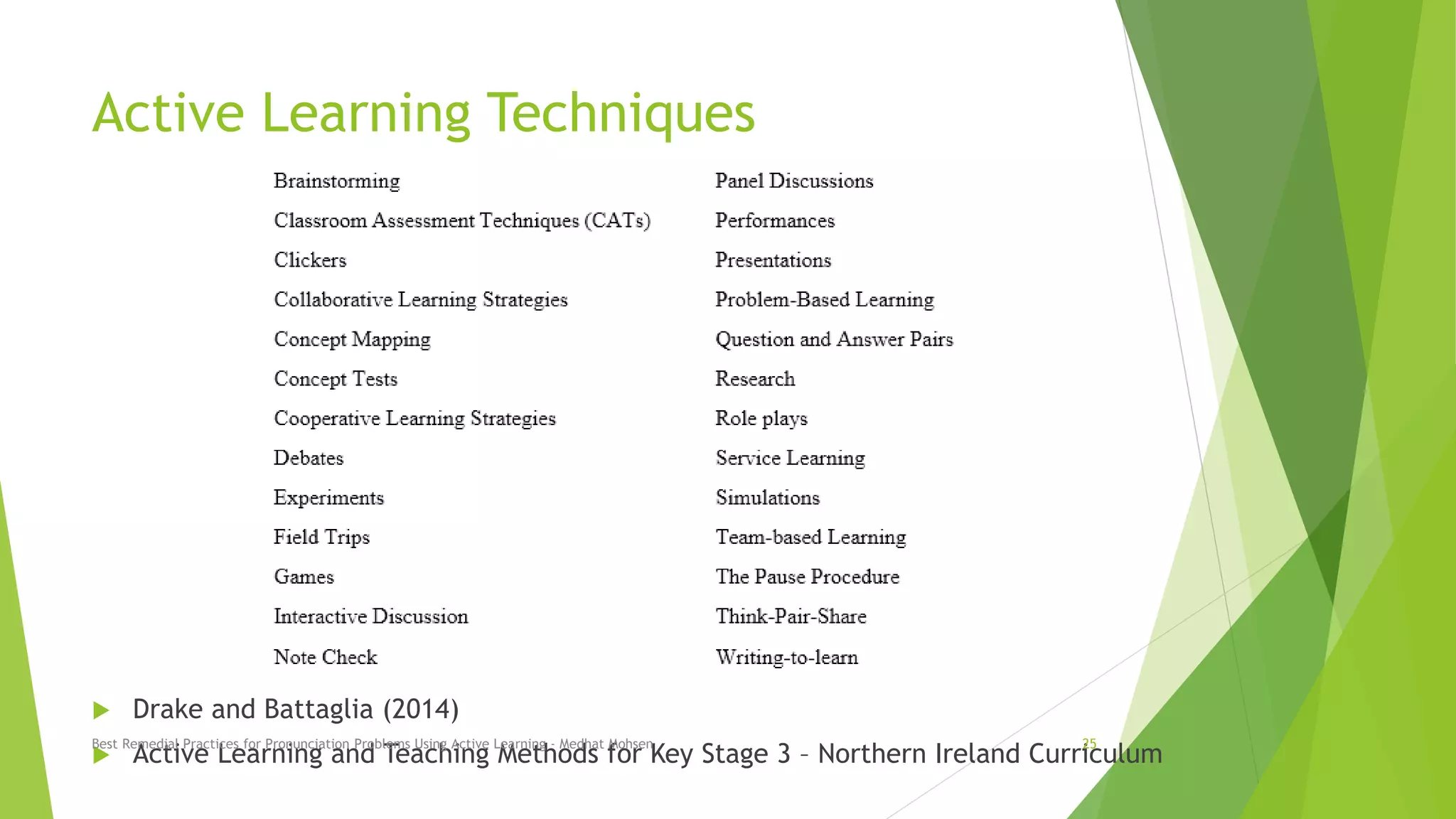 Active Learning Techniques
 Drake and Battaglia (2014)
 Active Learning and Teaching Methods for Key Stage 3 – Northern Ireland Curriculum
Best Remedial Practices for Pronunciation Problems Using Active Learning - Medhat Mohsen 25
 
