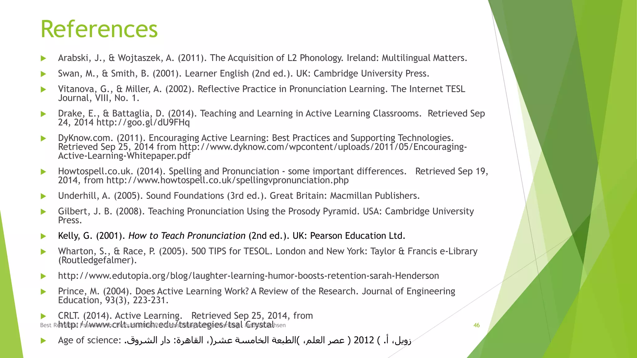 References
 Arabski, J., & Wojtaszek, A. (2011). The Acquisition of L2 Phonology. Ireland: Multilingual Matters.
 Swan, M., & Smith, B. (2001). Learner English (2nd ed.). UK: Cambridge University Press.
 Vitanova, G., & Miller, A. (2002). Reflective Practice in Pronunciation Learning. The Internet TESL
Journal, VIII, No. 1.
 Drake, E., & Battaglia, D. (2014). Teaching and Learning in Active Learning Classrooms. Retrieved Sep
24, 2014 http://goo.gl/dU9FHq
 DyKnow.com. (2011). Encouraging Active Learning: Best Practices and Supporting Technologies.
Retrieved Sep 25, 2014 from http://www.dyknow.com/wpcontent/uploads/2011/05/Encouraging-
Active-Learning-Whitepaper.pdf
 Howtospell.co.uk. (2014). Spelling and Pronunciation - some important differences. Retrieved Sep 19,
2014, from http://www.howtospell.co.uk/spellingvpronunciation.php
 Underhill, A. (2005). Sound Foundations (3rd ed.). Great Britain: Macmillan Publishers.
 Gilbert, J. B. (2008). Teaching Pronunciation Using the Prosody Pyramid. USA: Cambridge University
Press.
 Kelly, G. (2001). How to Teach Pronunciation (2nd ed.). UK: Pearson Education Ltd.
 Wharton, S., & Race, P. (2005). 500 TIPS for TESOL. London and New York: Taylor & Francis e-Library
(Routledgefalmer).
 http://www.edutopia.org/blog/laughter-learning-humor-boosts-retention-sarah-Henderson
 Prince, M. (2004). Does Active Learning Work? A Review of the Research. Journal of Engineering
Education, 93(3), 223-231.
 CRLT. (2014). Active Learning. Retrieved Sep 25, 2014, from
http://www.crlt.umich.edu/tstrategies/tsal Crystal
 Age of science: ‫أ‬ ،‫زويل‬) .2012(،‫العلم‬ ‫عصر‬)‫عشر‬ ‫الخامسة‬ ‫الطبعة‬(‫القاهرة‬ ،:‫الشروق‬ ‫دار‬.
Best Remedial Practices for Pronunciation Problems Using Active Learning - Medhat Mohsen 46
 