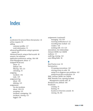 Index ! 189 
Index 
A 
accelerators for process flows, best practice 24 
ad hoc requests 82 
adding 
customer profiles 117 
work information 51 
advanced qualifications, using to generate 
reports 69 
Advanced Search, using to find records 40 
answers. See solutions 
application preferences, setting 106–108 
Asset Management, about 11 
Assigned Work area 
about 32 
defined 104 
filtering 105, 121 
refreshing 35 
assigning 
incidents 156 
tasks 129 
assignment log 
about 158 
deleting 123 
assignments 
See also incidents 
about 120–132 
accepting 122 
incidents, reassigning 124 
incidents, viewing 121 
logged 158 
assignments (continued) 
managing 155–159 
receiving notification of 121 
recording time worked 122 
vendors 126 
working with 121–123 
associations. See relationships 
Atrium CMDB. See CMDB 
audience 13 
audit log, viewing 162 
auto-filling fields 38 
B 
Best Practice icon 10 
best practices 
CI naming conventions 165 
retrying events in order 98 
using CIs to diagnose user problems 163 
using process flow accelerators 24 
BMC Atrium CMDB. See CMDB 
BMC Remedy User, opening Incident 
Management console with 28 
Broadcast area, defined 104 
broadcasts 
creating 55 
limiting 59 
location in Overview console 36 
viewing 58, 102 
 