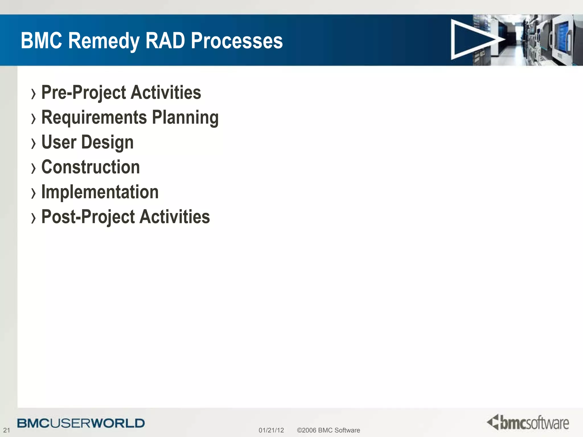 BMC Remedy RAD Processes Pre-Project Activities Requirements Planning User Design Construction Implementation Post-Project Activities 01/21/12 ©2006 BMC Software 