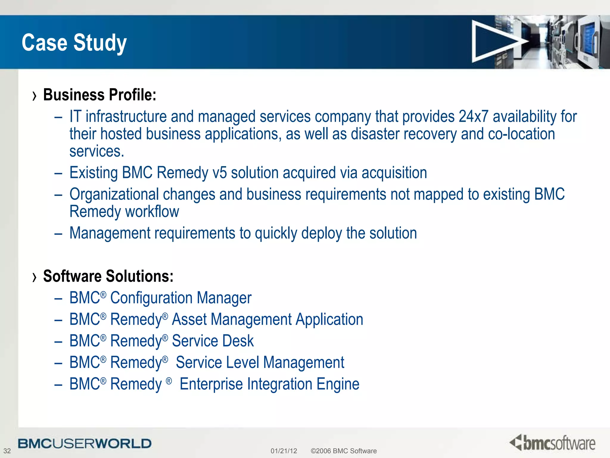 Case Study Business Profile: IT infrastructure and managed services company that provides 24x7 availability for their hosted business applications, as well as disaster recovery and co-location services.  Existing BMC Remedy v5 solution acquired via acquisition Organizational changes and business requirements not mapped to existing BMC Remedy workflow Management requirements to quickly deploy the solution Software Solutions: BMC ®  Configuration Manager BMC ®  Remedy ®  Asset Management Application BMC ®  Remedy ®  Service Desk BMC ®  Remedy ®   Service Level Management BMC ®  Remedy  ®   Enterprise Integration Engine 01/21/12 ©2006 BMC Software 