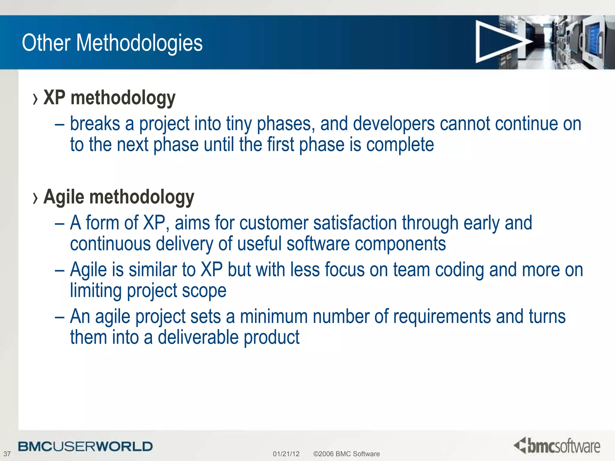 Other Methodologies XP methodology breaks a project into tiny phases, and developers cannot continue on to the next phase until the first phase is complete Agile methodology A form of XP, aims for customer satisfaction through early and continuous delivery of useful software components Agile is similar to XP but with less focus on team coding and more on limiting project scope An agile project sets a minimum number of requirements and turns them into a deliverable product 01/21/12 ©2006 BMC Software 