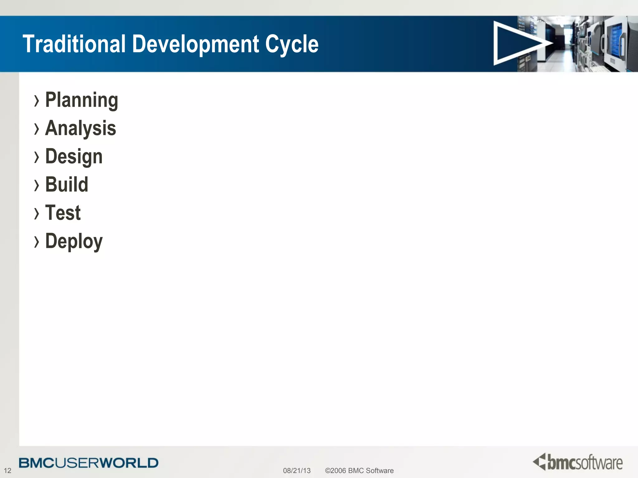 08/21/13 ©2006 BMC Software12
Traditional Development Cycle
› Planning
› Analysis
› Design
› Build
› Test
› Deploy
 