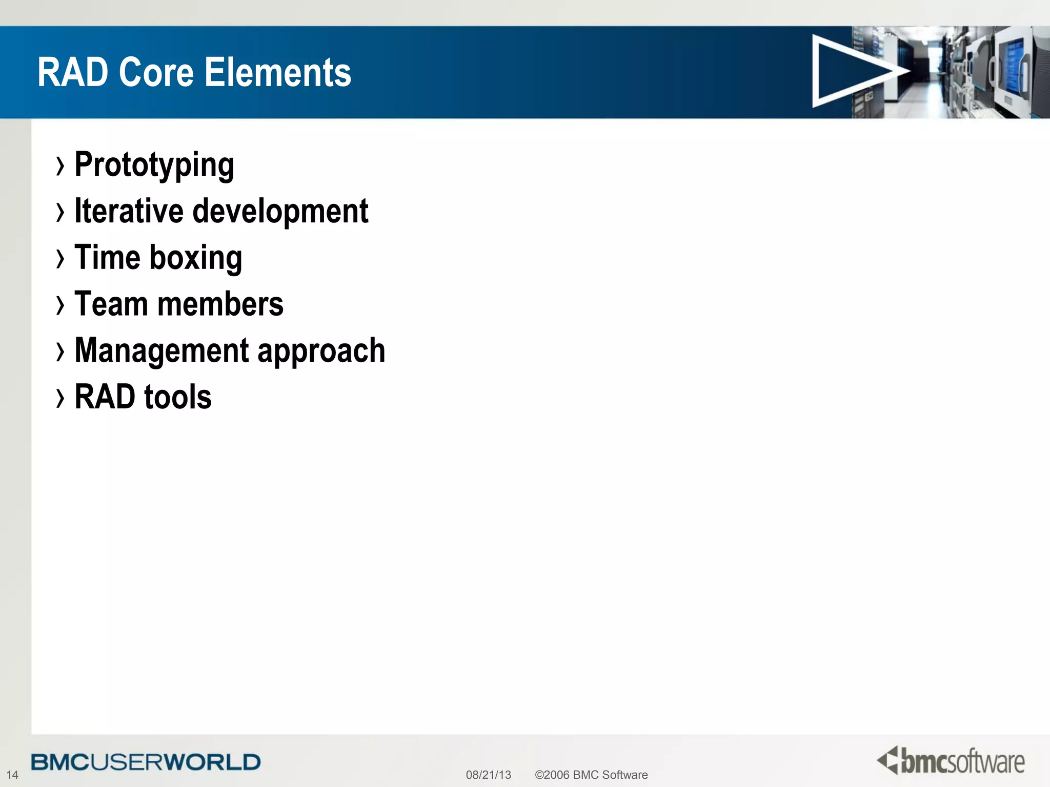 08/21/13 ©2006 BMC Software14
RAD Core Elements
› Prototyping
› Iterative development
› Time boxing
› Team members
› Management approach
› RAD tools
 