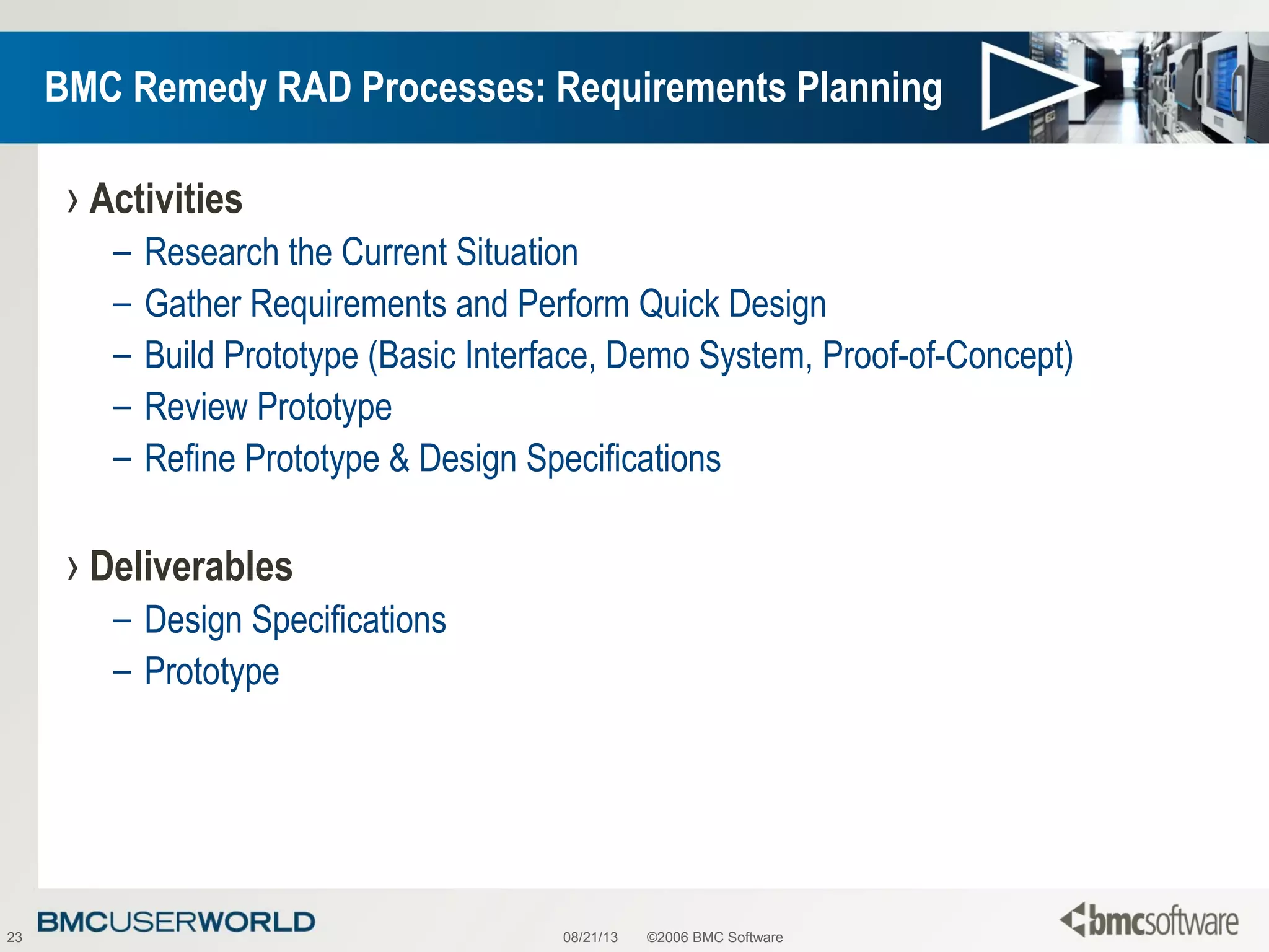 08/21/13 ©2006 BMC Software23
BMC Remedy RAD Processes: Requirements Planning
› Activities
– Research the Current Situation
– Gather Requirements and Perform Quick Design
– Build Prototype (Basic Interface, Demo System, Proof-of-Concept)
– Review Prototype
– Refine Prototype & Design Specifications
› Deliverables
– Design Specifications
– Prototype
 