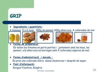 GRIP

   Ingredients i quantitats:
4 llimones 5 o 6 nous 300g de panses 300g albercocs 4 cullerades de mel




   Forma de preparació:
    Es tallen les llimones en parts petites i juntament amb les nous, les
    panses i els albercocs es barregen amb 4 cullerades soperes de mel.

   Forma d’administració i durada :
    Es pren una cullerada diària abans d’esmorzar i després de sopar.
   Font d’informació:
    Sevgyul Yisufova, Bulgària
                         CFA Girona – Escola d’Adults                       17
 