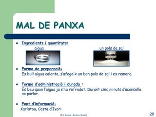 MAL DE PANXA
   Ingredients i quantitats:
          aigua                                          un pols de sal




   Forma de preparació:
    Es bull aigua calenta, s’afegeix un bon pols de sal i es remena.

   Forma d’administració i durada :
    Es beu quan l’aigua ja s’ha refredat. Durant cinc minuts s’aconsella
    no parlar.

    Font d’informació:
    Kariatou, Costa d’Ivori
                          CFA Girona – Escola d’Adults                     28
 