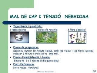 MAL DE CAP I TENSIÓ NERVIOSA

   Ingredients i quantitats:
1 tassa d’aigua        3 fulles de revetlla       3 flors d’espígol




   Forma de preparació:
    Escalfeu durant 10 minuts l’aigua, amb les fulles i les flors. Deixeu
    reposar 5 minuts i endolciu-ho amb mel.
   Forma d’administració i durada:
     Beveu-ne 1 o 2 tasses al dia quan calgui.
   Font d’informació:
    Sixto Navas, Hondures
                         CFA Girona – Escola d’Adults                    30
 