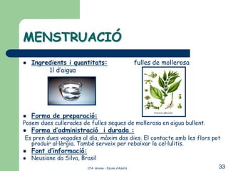 MENSTRUACIÓ
   Ingredients i quantitats:                           fulles de mollerosa
         1l d’aigua




   Forma de preparació:
Posem dues cullerades de fulles seques de mollerosa en aigua bullent.
   Forma d’administració i durada :
Es pren dues vegades al dia, màxim dos dies. El contacte amb les flors pot
  produir al·lèrgia. També serveix per rebaixar la cel·lulitis.
   Font d’informació:
   Neusiane da Silva, Brasil
                         CFA Girona – Escola d’Adults                         33
 