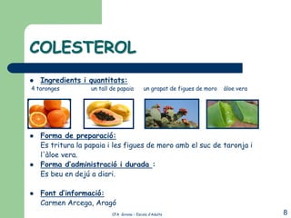 COLESTEROL
 Ingredients    i quantitats:
4 taronges         un tall de papaia        un grapat de figues de moro   àloe vera




   Forma de preparació:
    Es tritura la papaia i les figues de moro amb el suc de taronja i
    l'àloe vera.
   Forma d’administració i durada :
    Es beu en dejú a diari.

   Font d’informació:
    Carmen Arcega, Aragó
                           CFA Girona – Escola d’Adults                               8
 