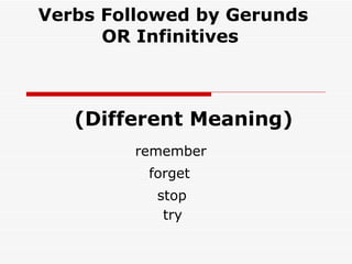 Verbs Followed by Gerunds OR Infinitives  forget  remember stop  try  (Different Meaning)‏ 