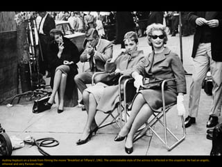 Audrey Hepburn on a break from filming the movie "Breakfast at Tiffany's', 1961. The unmistakable style of the actress is reflected in this snapshot. He had an angelic,
ethereal and very Parisian image.
 