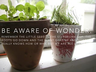 B E A WA R E O F W O N D E R .
R E M E M B E R T H E L I T T L E S E E D I N T H E S T Y R O F O A M C U P : T H E
R O O T S G O D O W N A N D T H E P L A N T G O E S U P A N D N O B O D Y
R E A L LY K N O W S H O W O R W H Y, B U T W E A R E A L L L I K E T H AT.
 