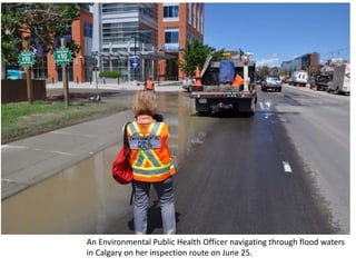 An Environmental Public Health Officer navigating through flood waters
in Calgary on her inspection route on June 25.
 